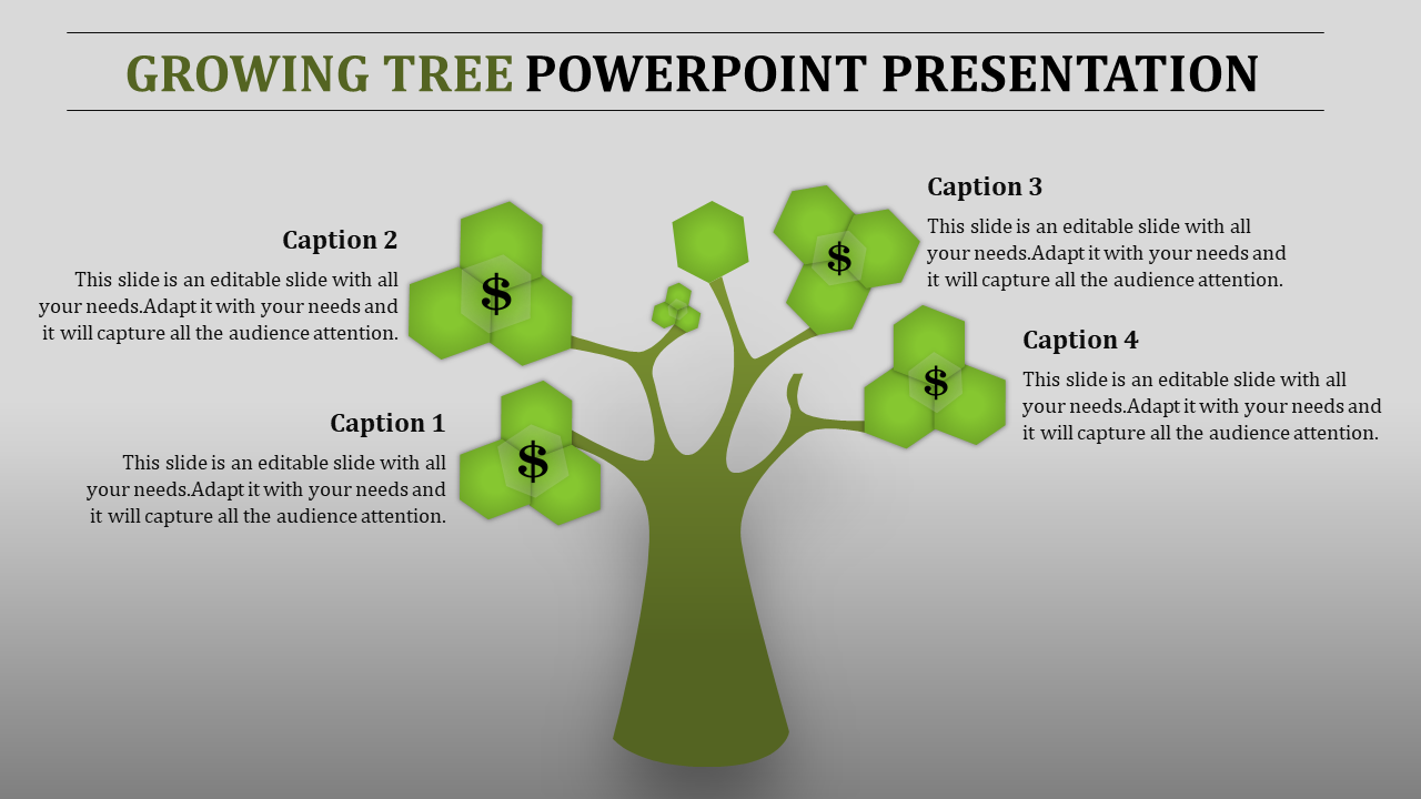 Green tree infographic with hexagonal dollar-themed leaves linked to four caption boxes for business growth concepts.