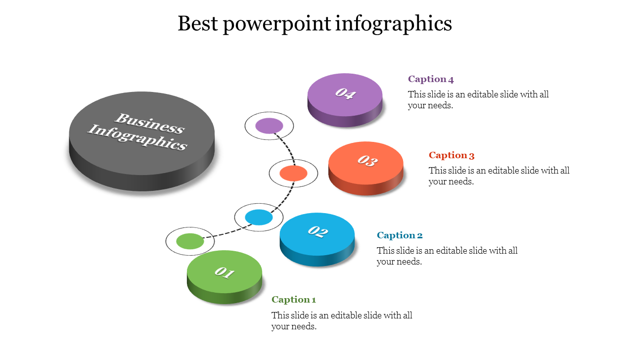 Infographic with four numbered 3D circular steps in green, blue, orange, and purple, connected by a dotted path.