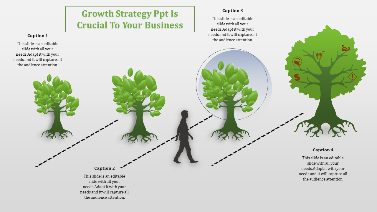 Four stages of tree growth with icons, showing a human figure walking along dashed lines on a light background.