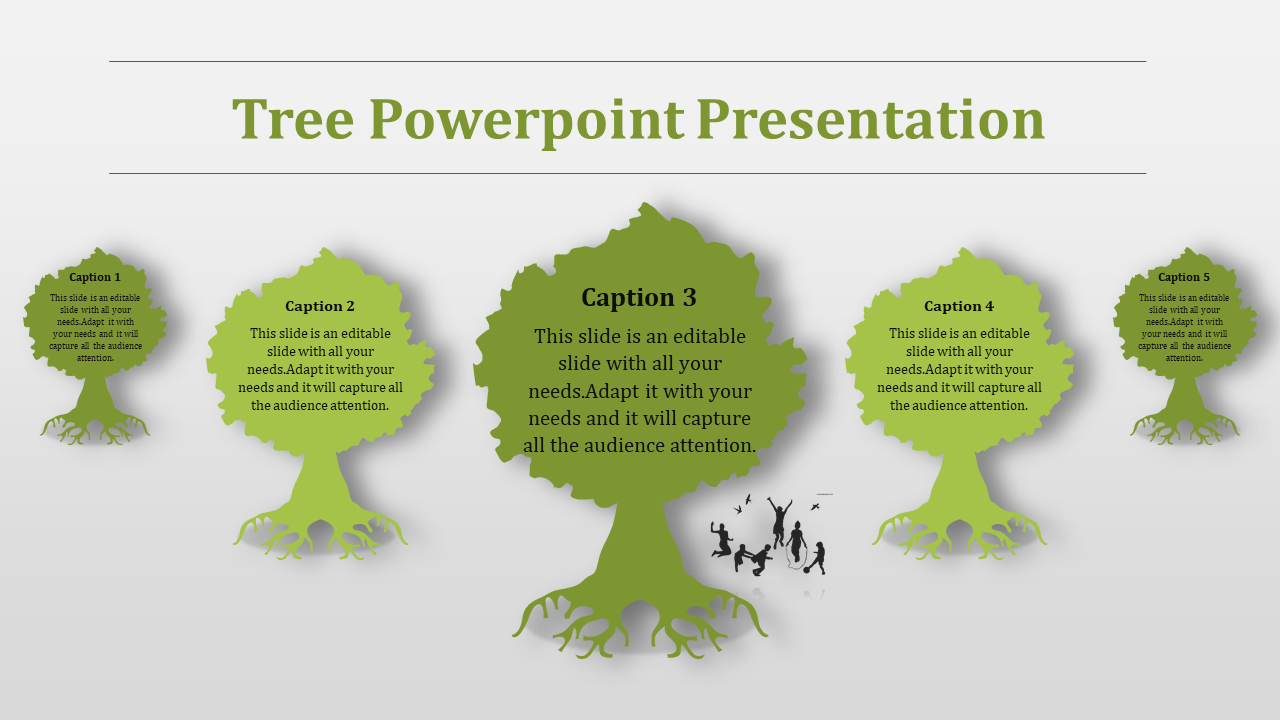 Five green tree graphics with captions, arranged in a row on a light background with silhouettes of people jumping.