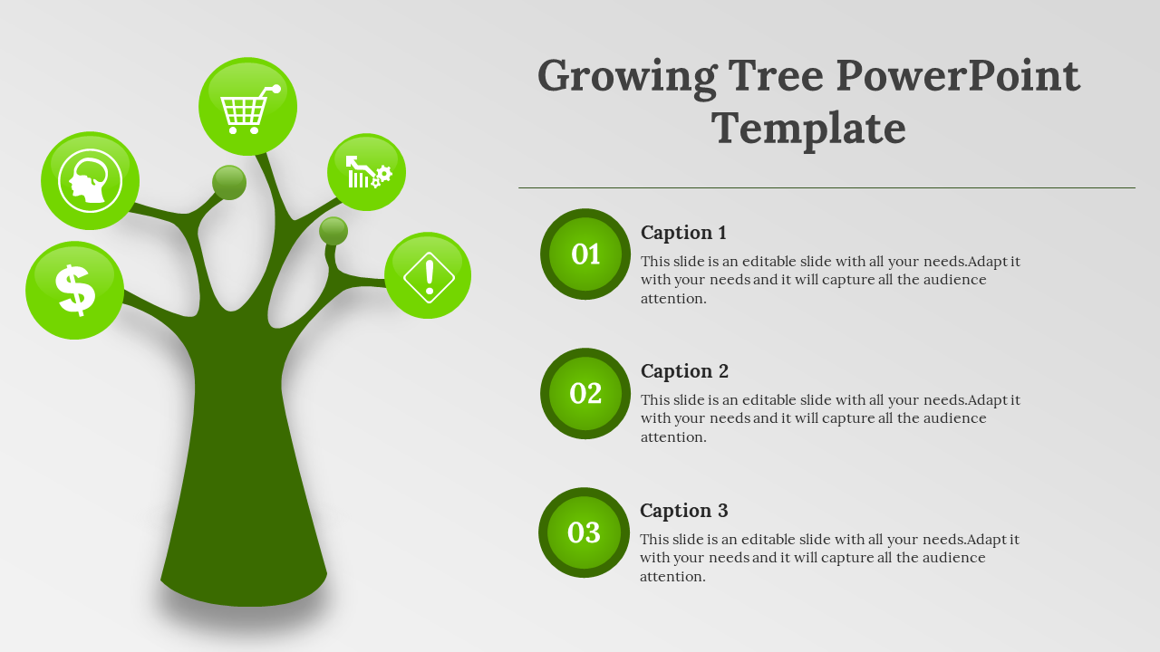 Green tree graphic with five circular icons on branches and three numbered caption areas on the right.