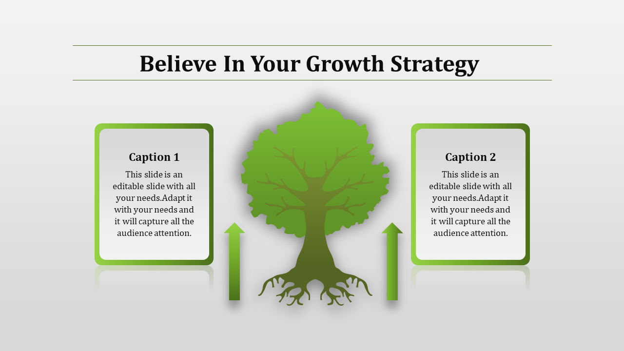 Growth strategy PowerPoint template with a tree illustration in the center, surrounded by arrows and caption boxes.