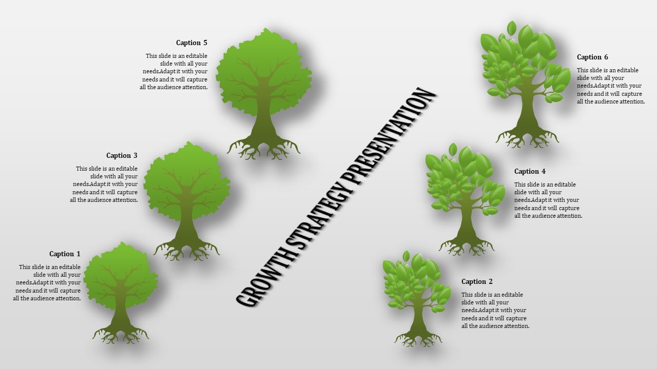 Slide featuring six green trees at different growth stages, labeled with captions, and a diagonal title in the center.