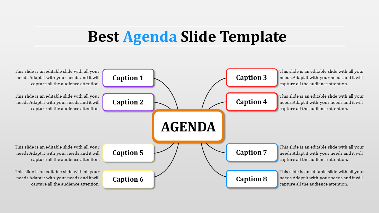 A agenda slide template displaying a with eight connected caption boxes in various colors, highlighting different topics.