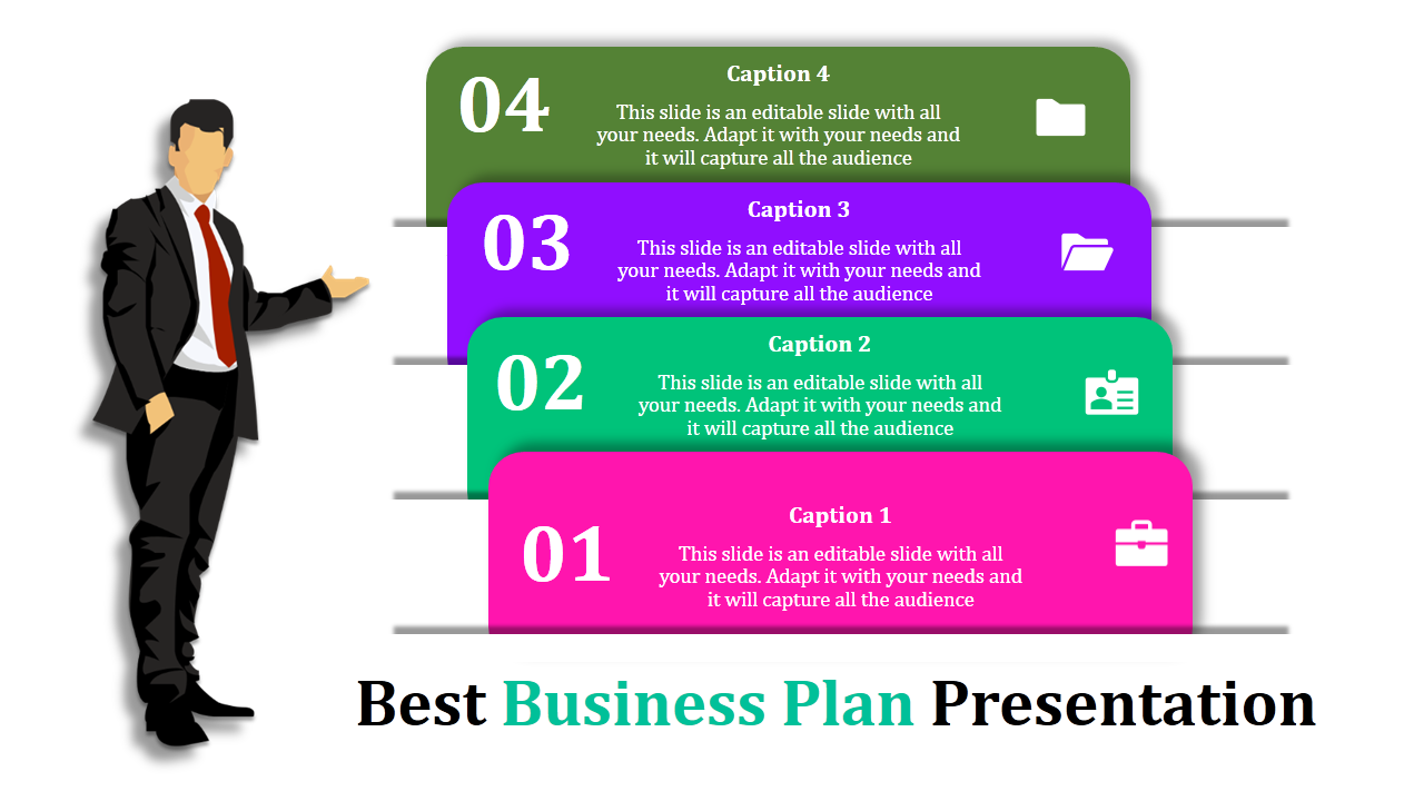 Business plan PowerPoint template with colorful caption and a professional figure presenting with icons.