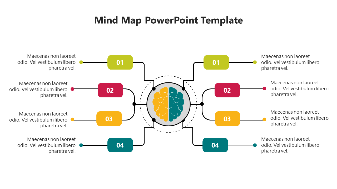 Brain-centered mind map with four color-coded nodes labeled 01 to 04, each connected to caption areas.