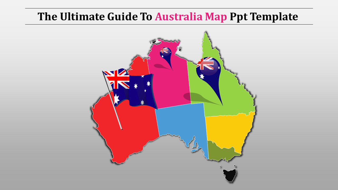 A colorful map of Australia with each region in different colors, featuring Australian flags and markers.