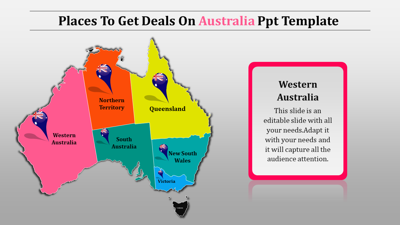 Colorful map of Australia highlighting different regions with location markers and placeholder text box.