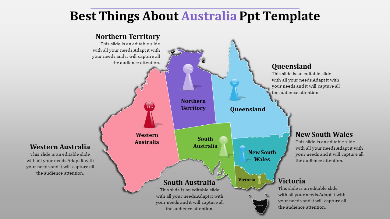 A colorful map of Australia divided into six regions in different colors, with text boxes and markers, on a gray backdrop.