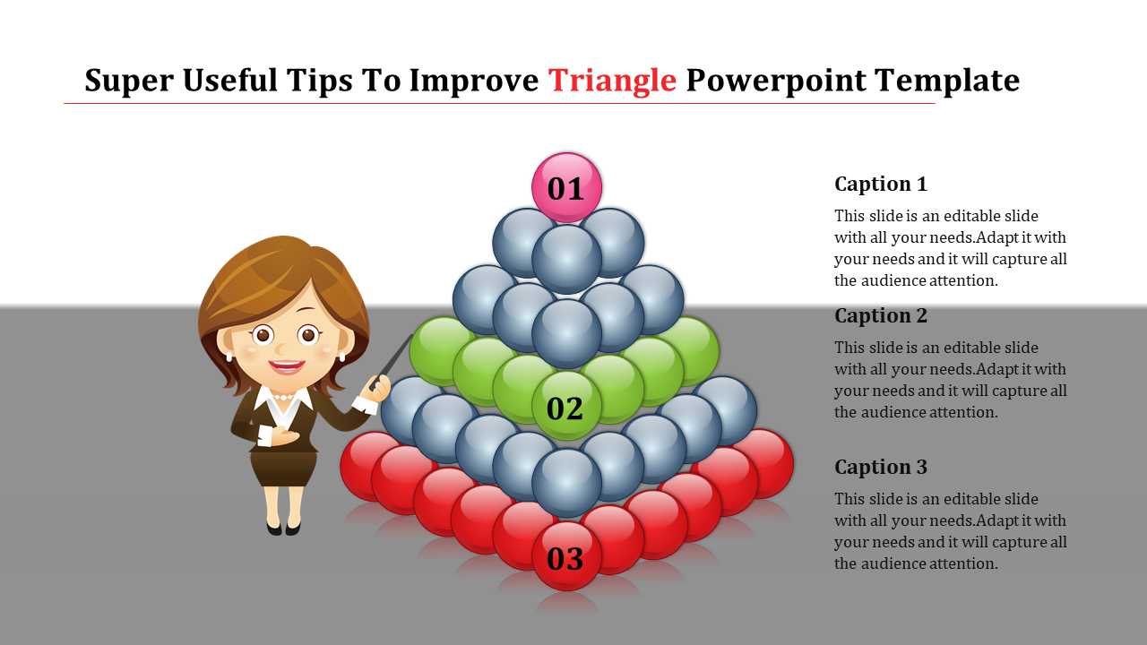 Illustrated businesswoman pointing to a 3D sphere pyramid in three tiers in red, green, and pink, with step captions.