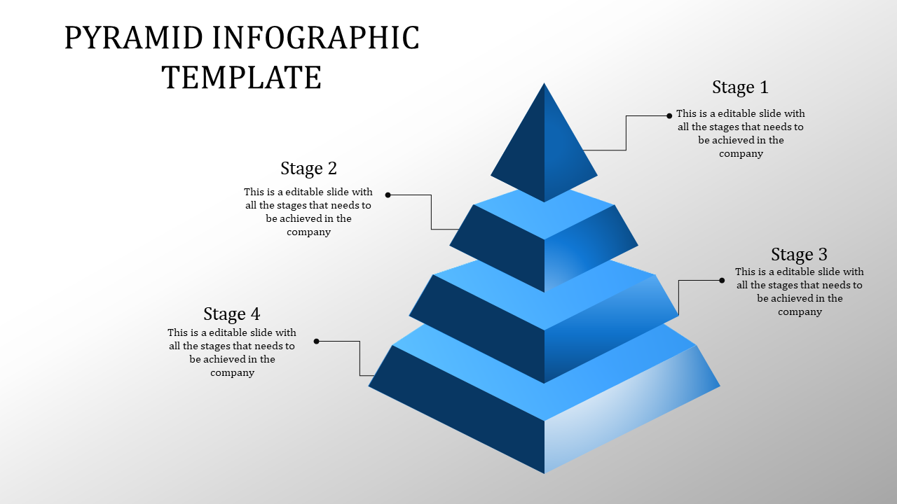 Slide displaying a four level blue pyramid infographic, with each stage labeled and text for company stages.