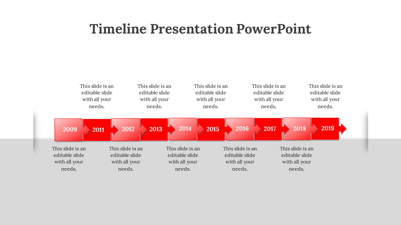 Horizontal red arrow timeline showing years 2009 to 2019 in sequence with gradient shades in a grey backdrop.