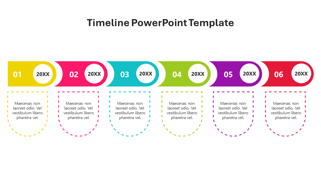 Colorful horizontal timeline with six steps labeled 01 to 06, each featuring placeholders for years and descriptions.