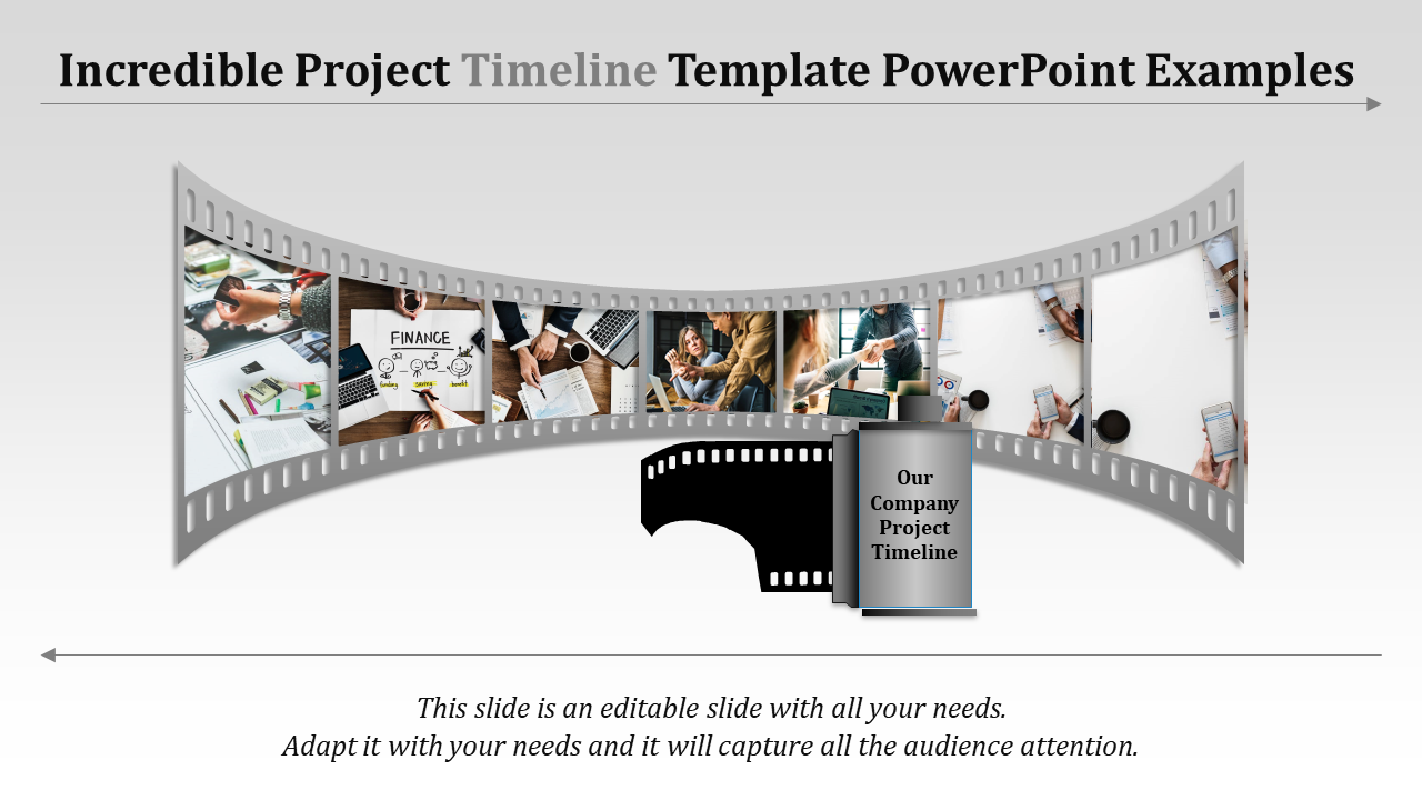 Slide with a curved filmstrip design, showcasing project images and a central timeline label with text below.