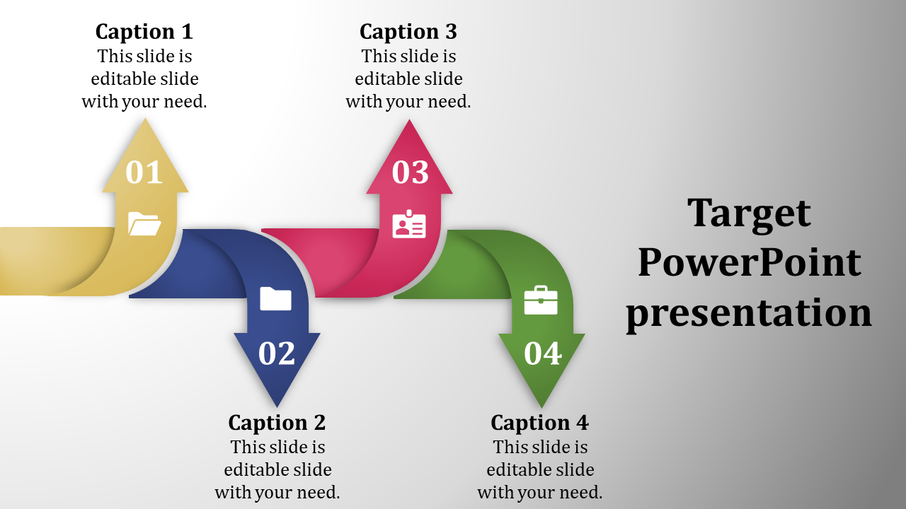 Target PowerPoint template with colored arrows, each representing a different step with captions.