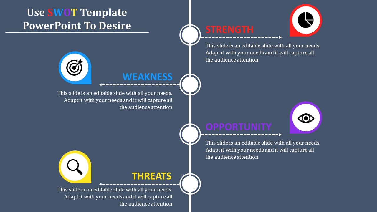 SWOT analysis layout with four labeled segments in red, blue, purple, and yellow, arranged along a vertical line.