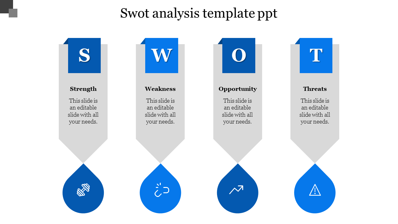 Blue themed SWOT analysis slide with four teardrop shaped sections, each containing an icon and a header.