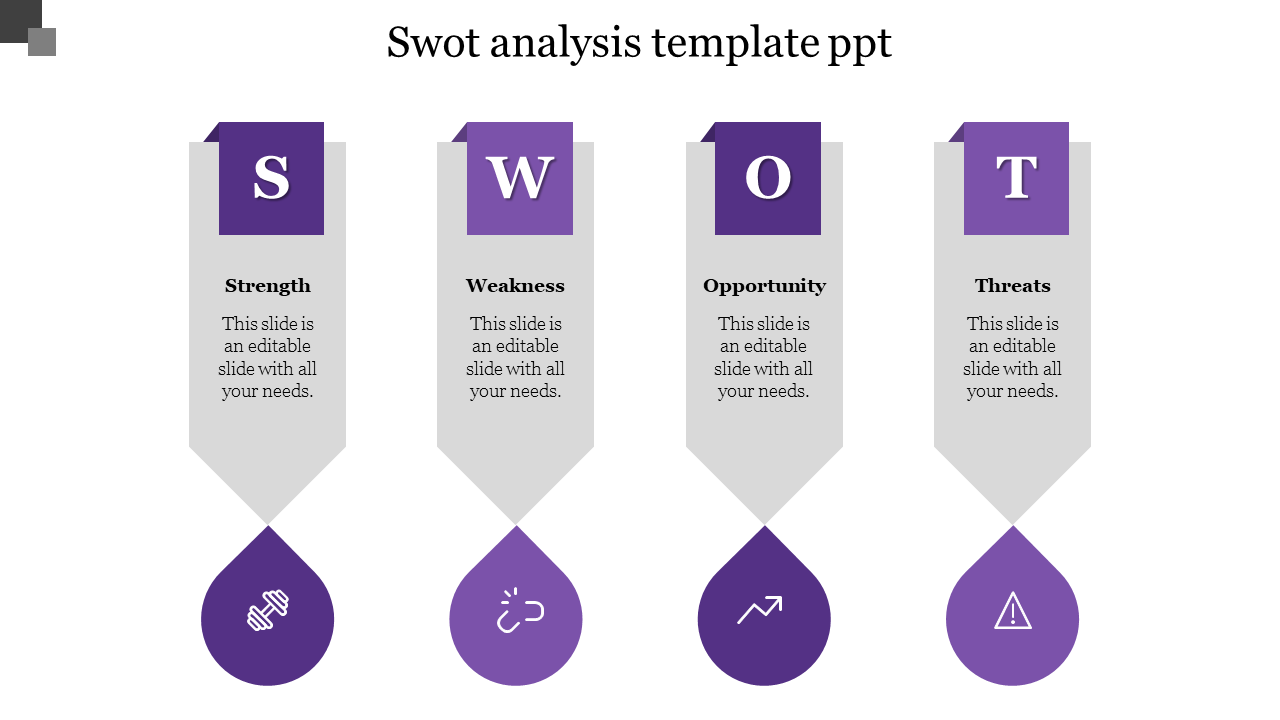 SWOT analysis PPT template featuring sections for Strength, Weakness, Opportunity, and Threats, with purple colored icons.