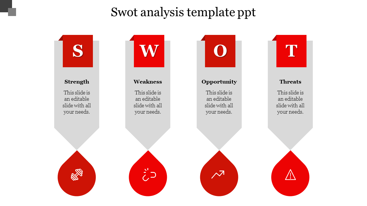 SWOT analysis layout with four gray columns, each with red tops and matching icons in circles at the bottom.