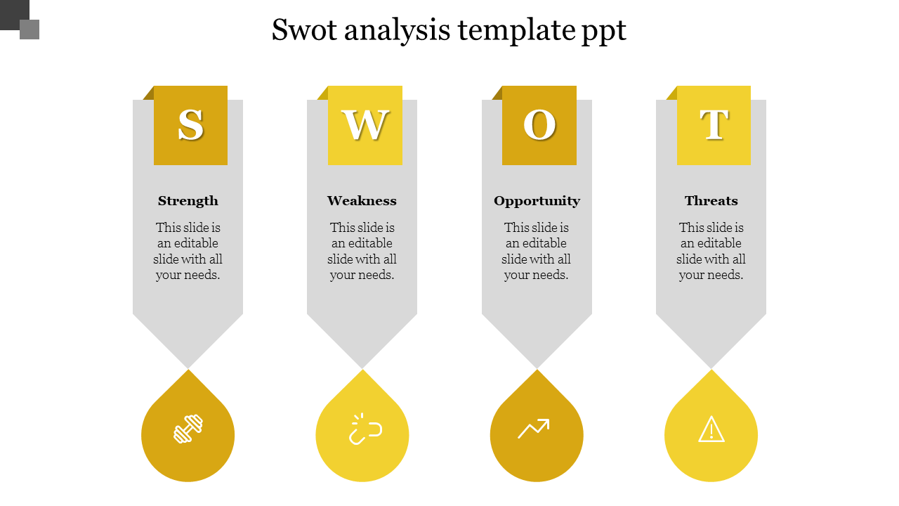 Four vertical gray banners with yellow colored top labels and bottom teardrop shape, containing icons inside.