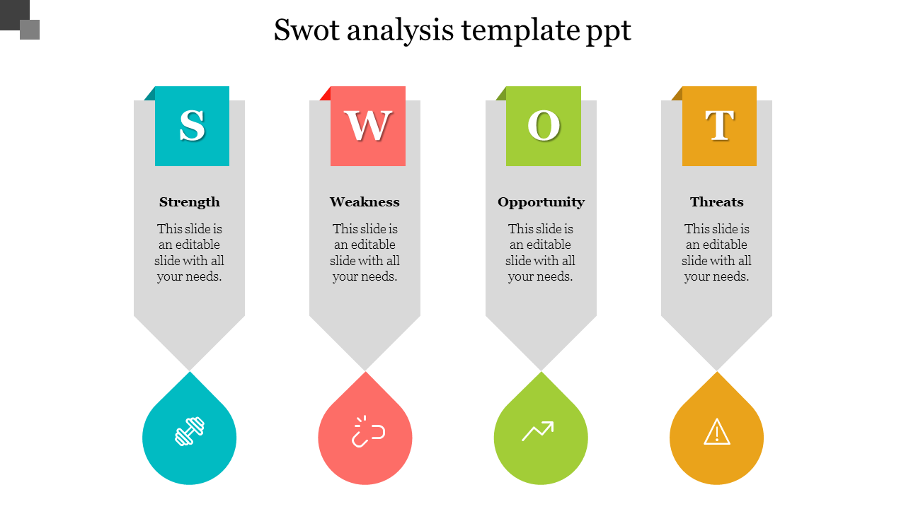 A colorful SWOT analysis slide featuring sections with a distinct design and description area.