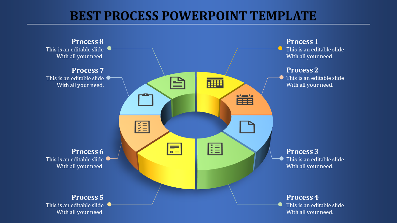 Circular 3D process diagram divided into eight segments with icons, labeled with captions, on a blue background.