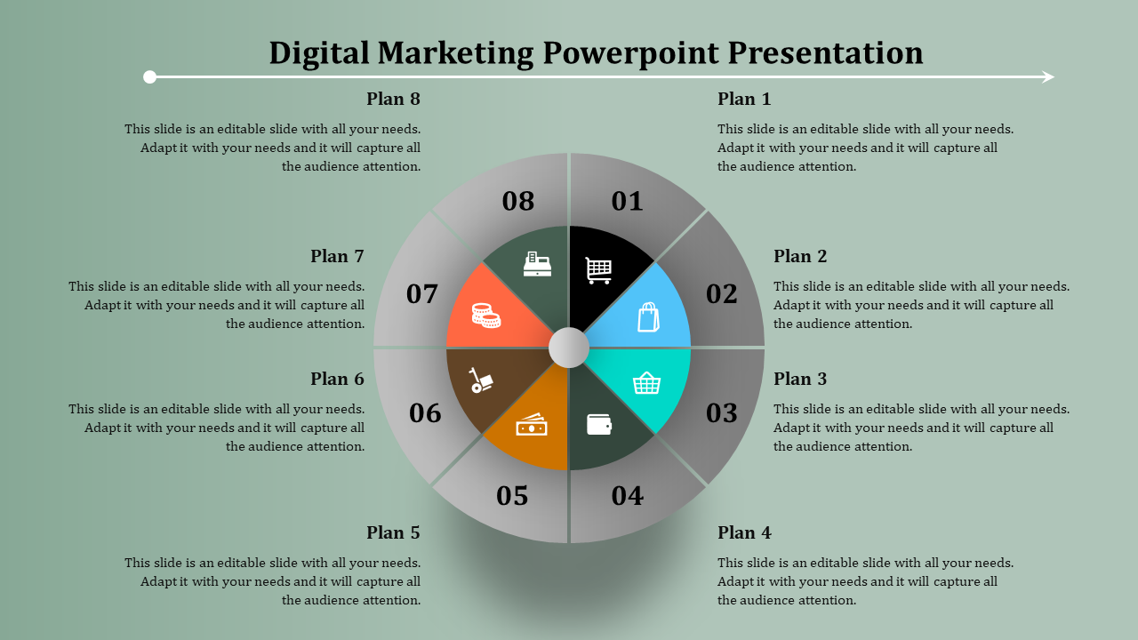 Circular infographic divided into eight colorful segments with icons, labeled 01 to 08, and descriptions around it.