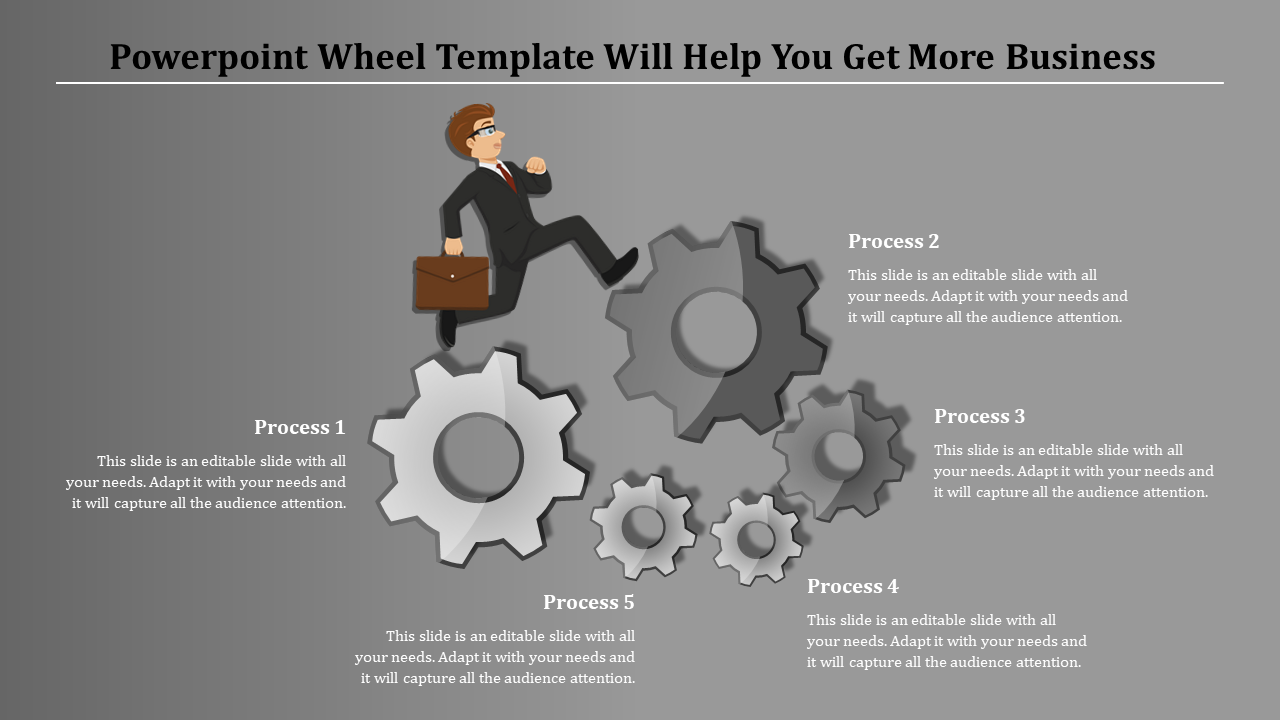 PowerPoint wheel template featuring five gears and a businessman, with spaces for text captions.