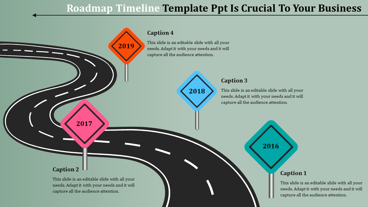 Timeline template with a road and four markers showing years from 2016-2019 with caption area.