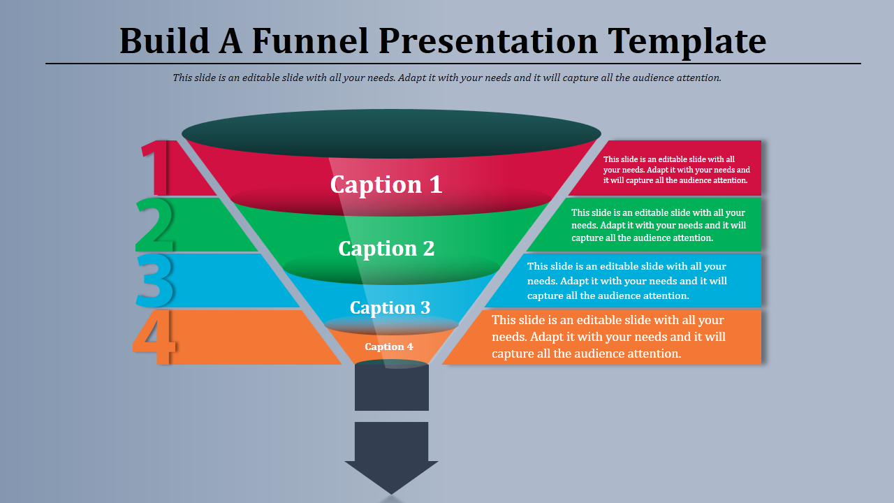 Funnel presentation template with four colored levels labeled Caption 1 to 4, each with text sections.