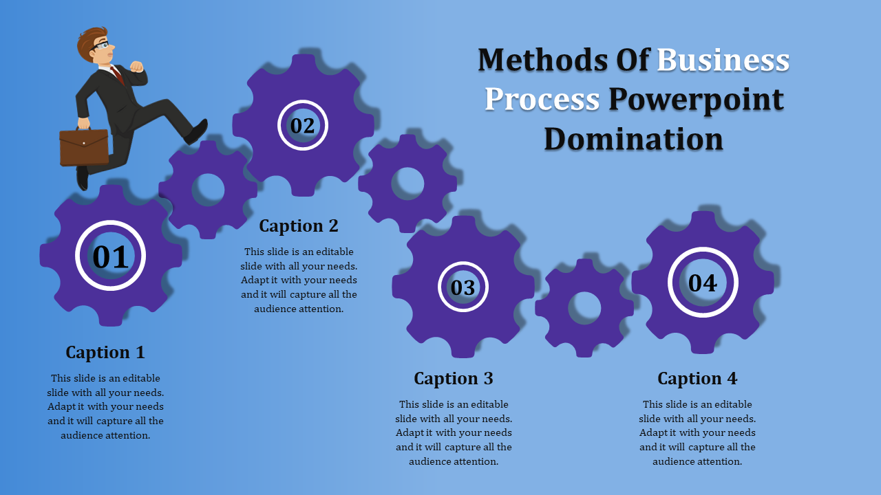 Business process domination PowerPoint template featuring gears and a businessman holding a briefcase on a blue backdrop.