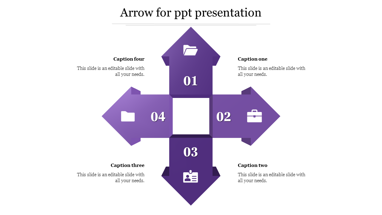 Slide featuring four orange arrows pointing in different directions, each with a numbered label and an icon.