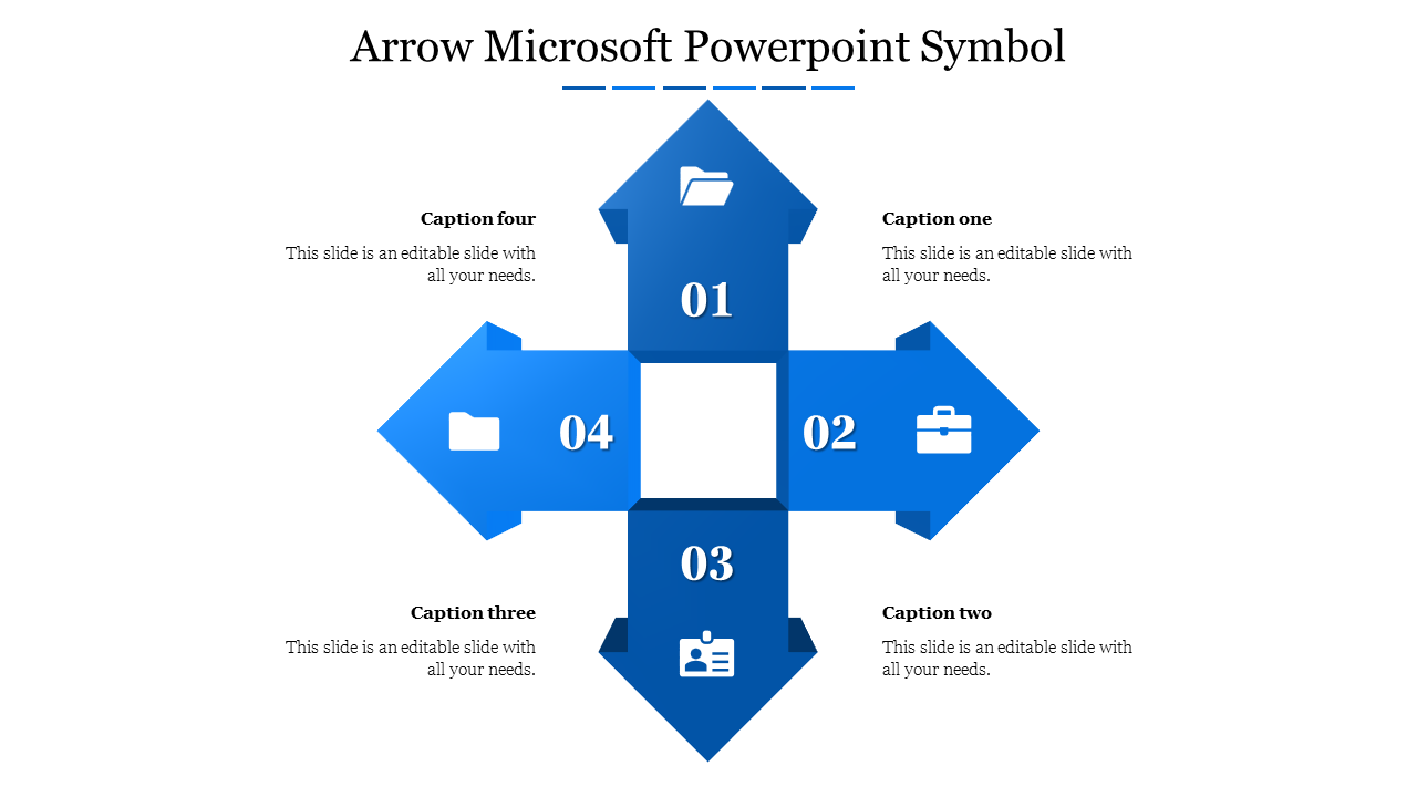 Blue four-directional arrow diagram with numbered sections and icons, surrounded by captions areas. 