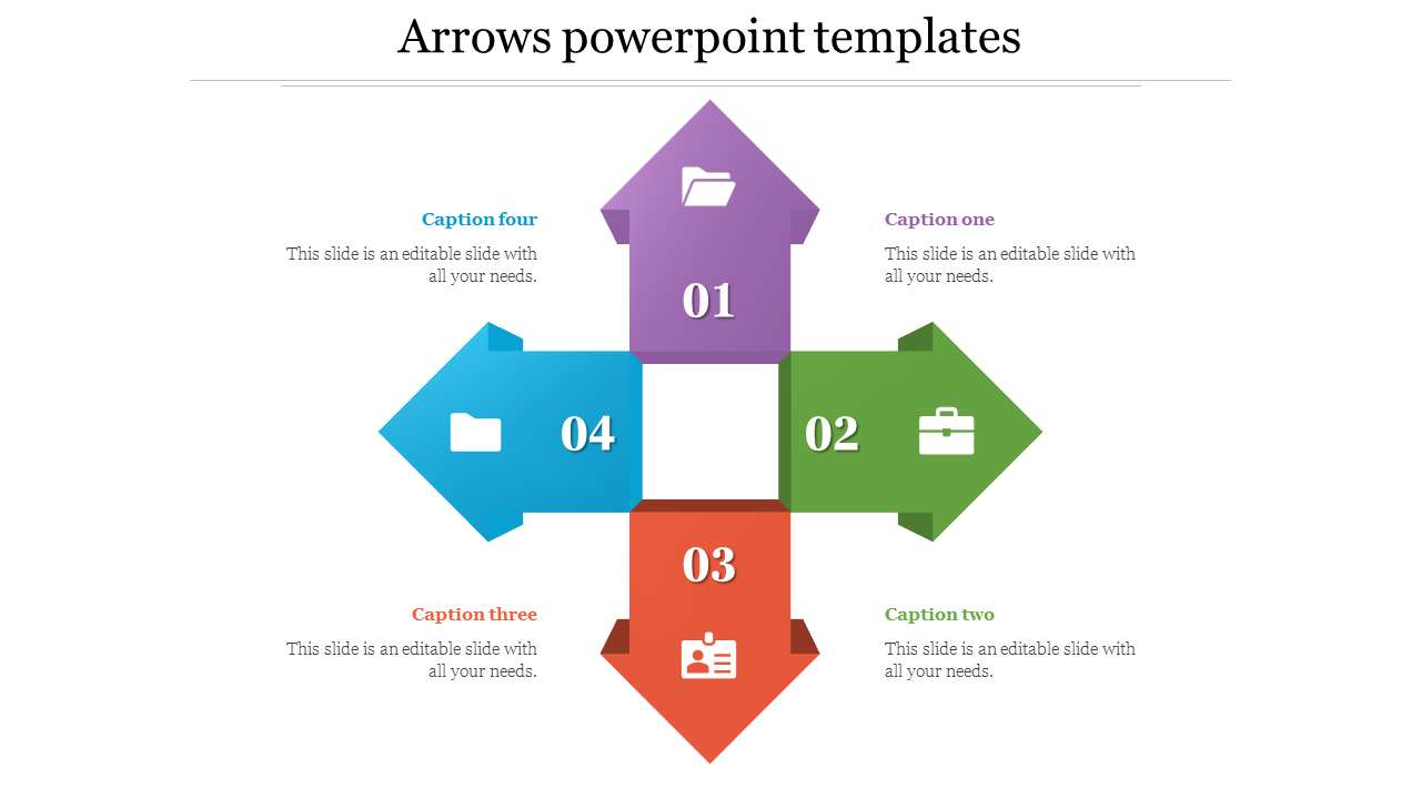 Four colorful arrows in purple, green, red, and blue, pointing in different directions with numbered sections and icons.