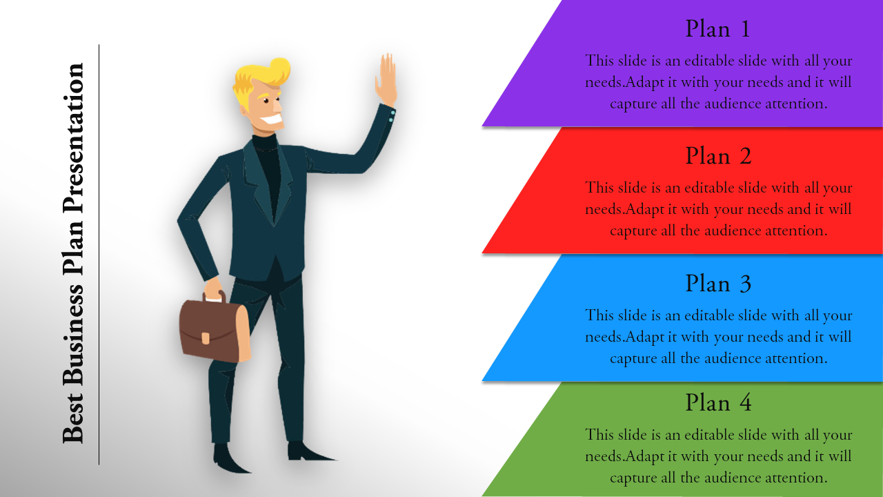 Business plan PowerPoint slide with four colored plans and a professional cartoon character with placeholder text.