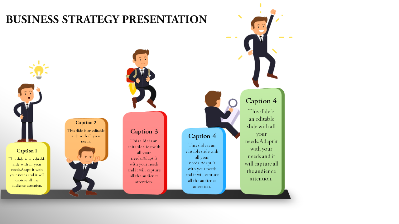 Business strategy slide with cartoon characters climbing colorful steps in yellow, orange, red, blue, and green.