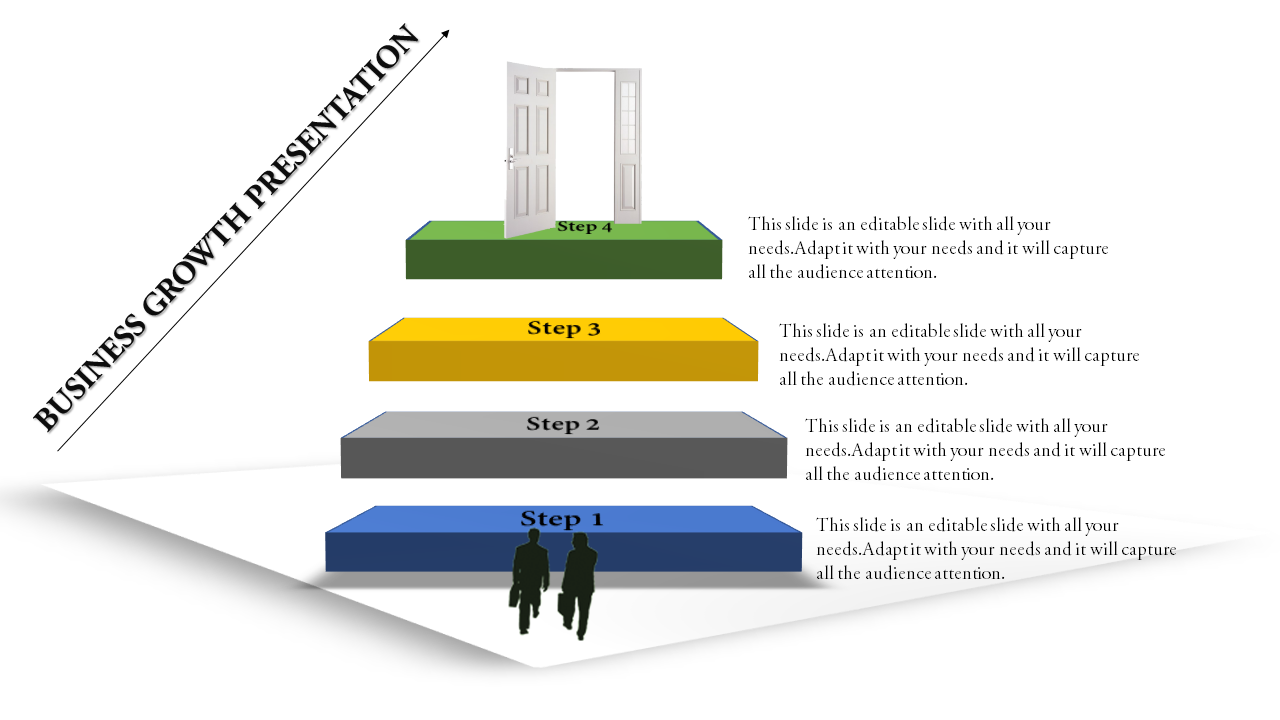 Slide showing a business growth path with four steps, each represented by a colored block, leading through an open door.