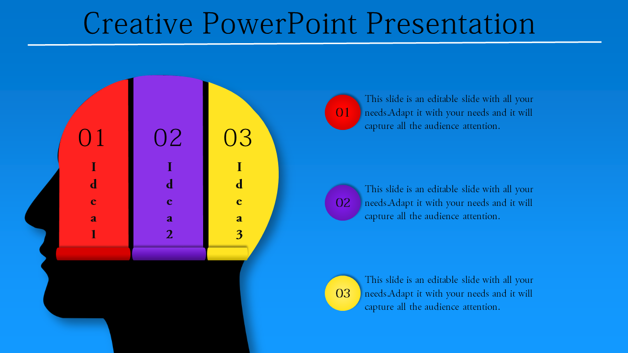 Human head silhouette divided into three colorful sections in red, purple, and yellow, labeled 01 to 03, on a blue backdrop.