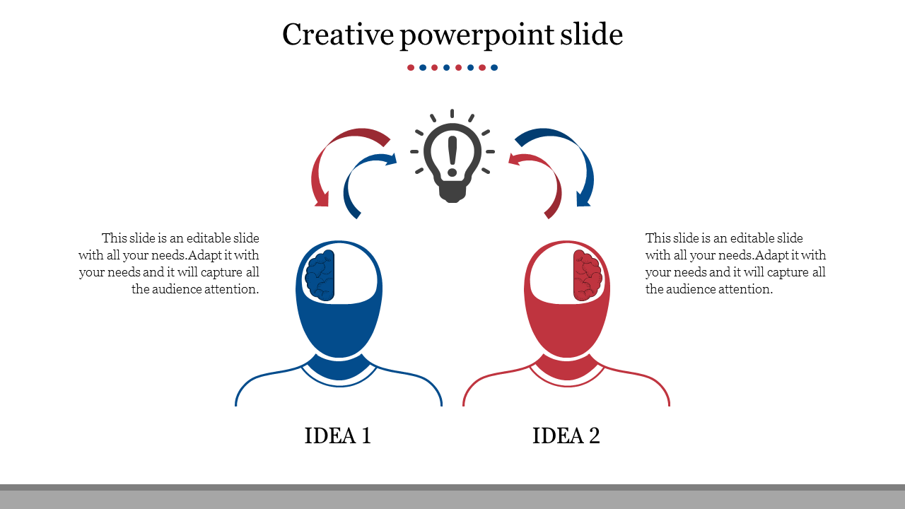 Creative slide with two human figures, blue and red brains, arrows exchanging ideas, and a central lightbulb icon.