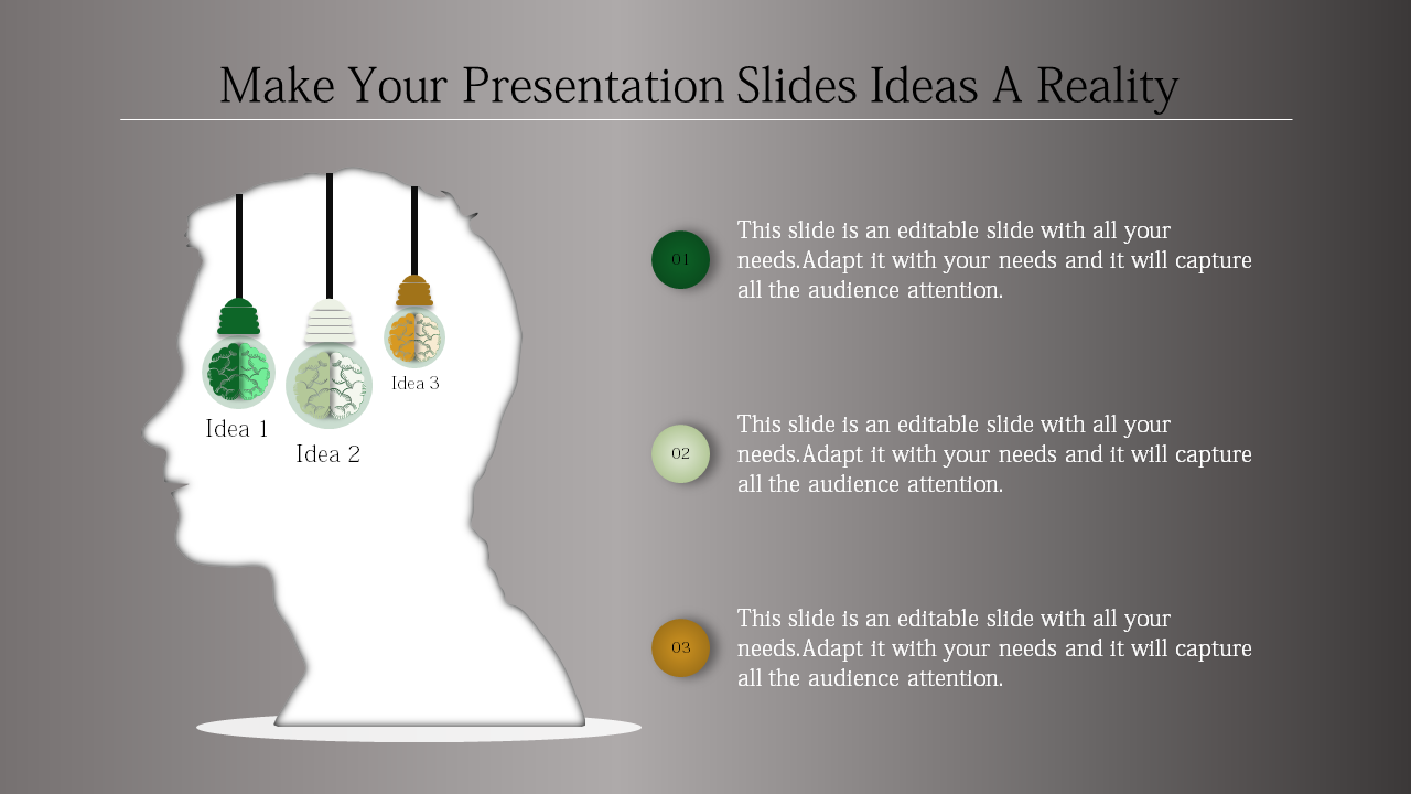 Silhouette head with three hanging light bulbs labeled idea 1, idea 2, and idea 3, each containing brain illustrations.