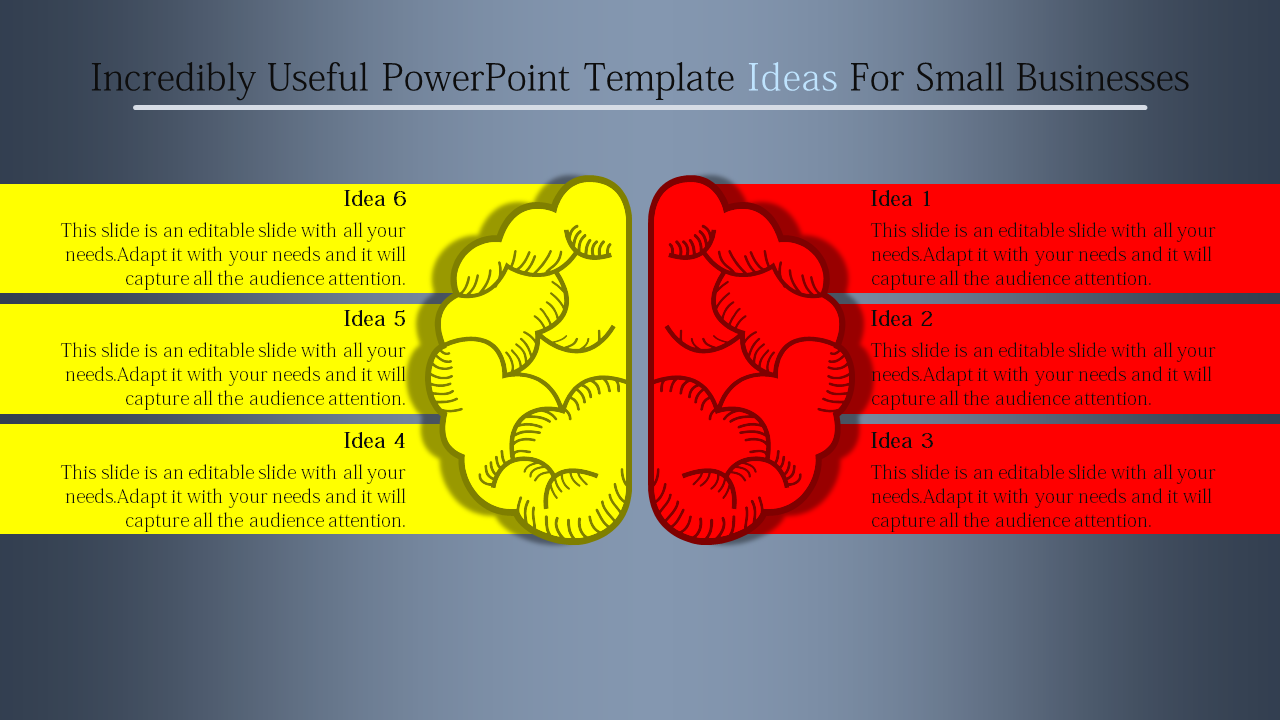 PowerPoint template ideas for small businesses, featuring colorful numbered ideas in yellow and red with placeholder text.