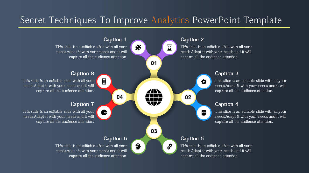 Circular infographic with a central globe icon connected to eight color-coded nodes for analytics techniques.