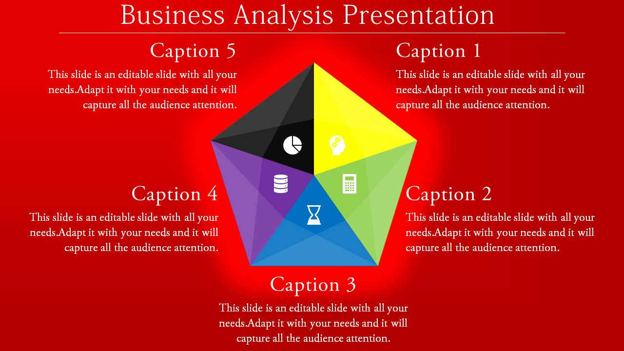 Business slide with a segmented pentagon, showcasing icons for analytics, time management, and decision-making.