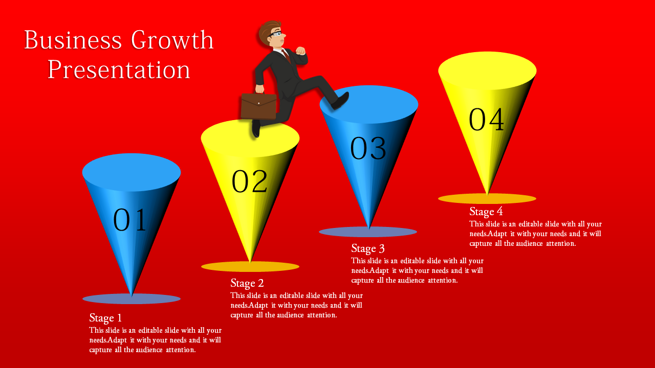 Business growth showing a cartoon businessman climbing four upward steps labeled with four stages on blue and yellow funnels.