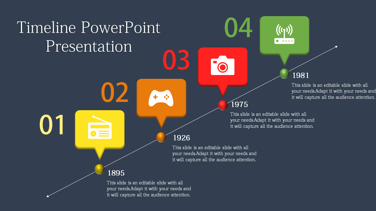 Timeline PPT slide with colorful icons representing different years with space for captions.