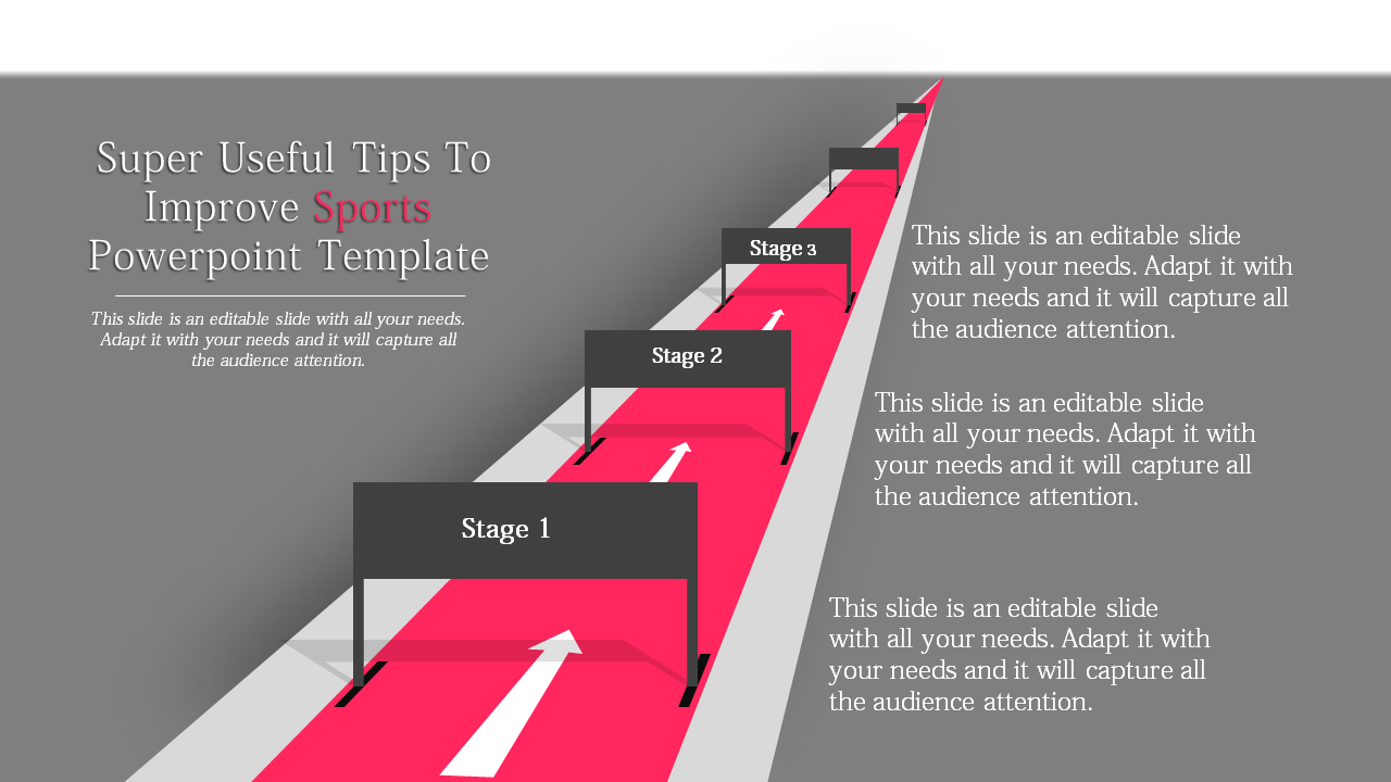 Sports-themed  template with a red track graphic showing three sequential stages, each labeled with a sign.