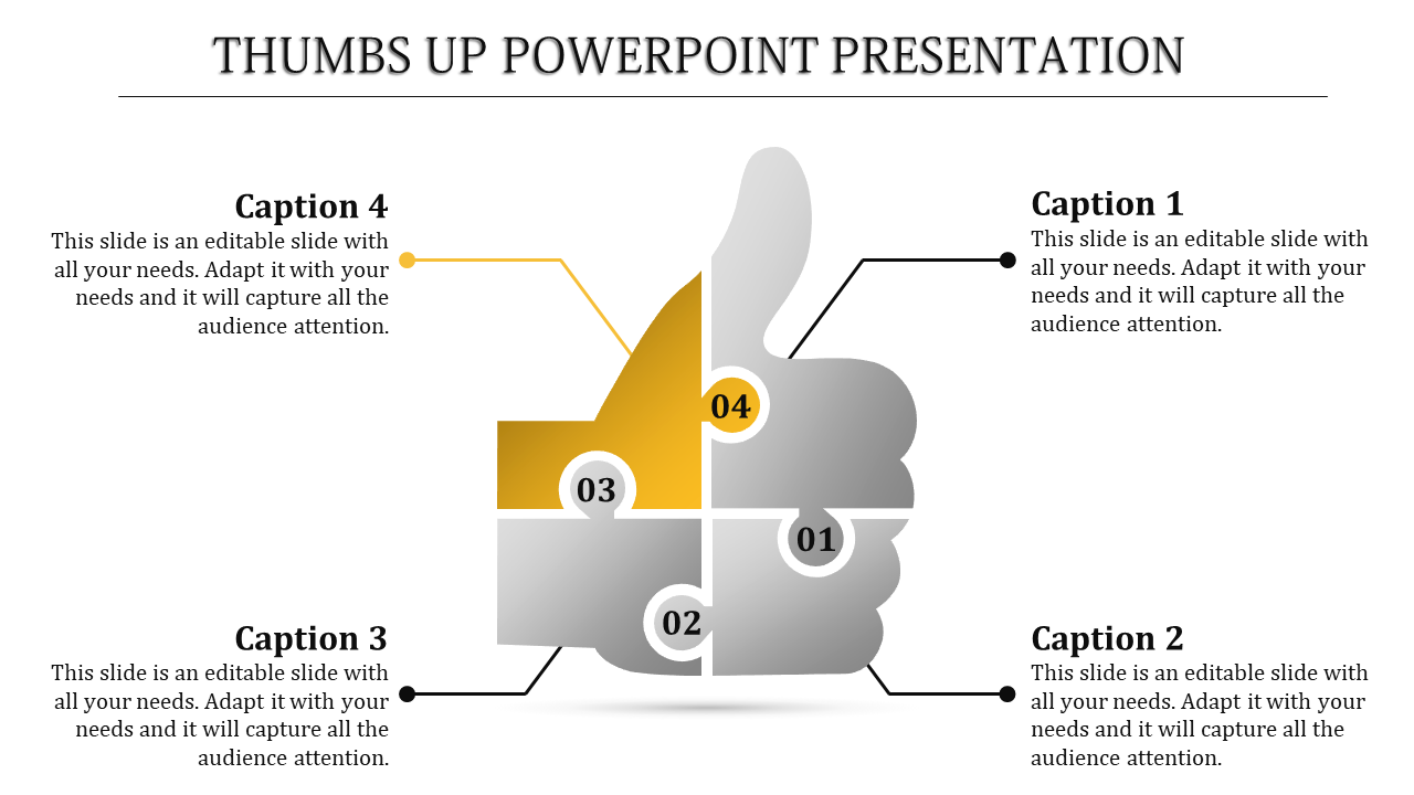 Gray thumbs up infographic split into four numbered sections, and one is highlighted in yellow, and captions around it.