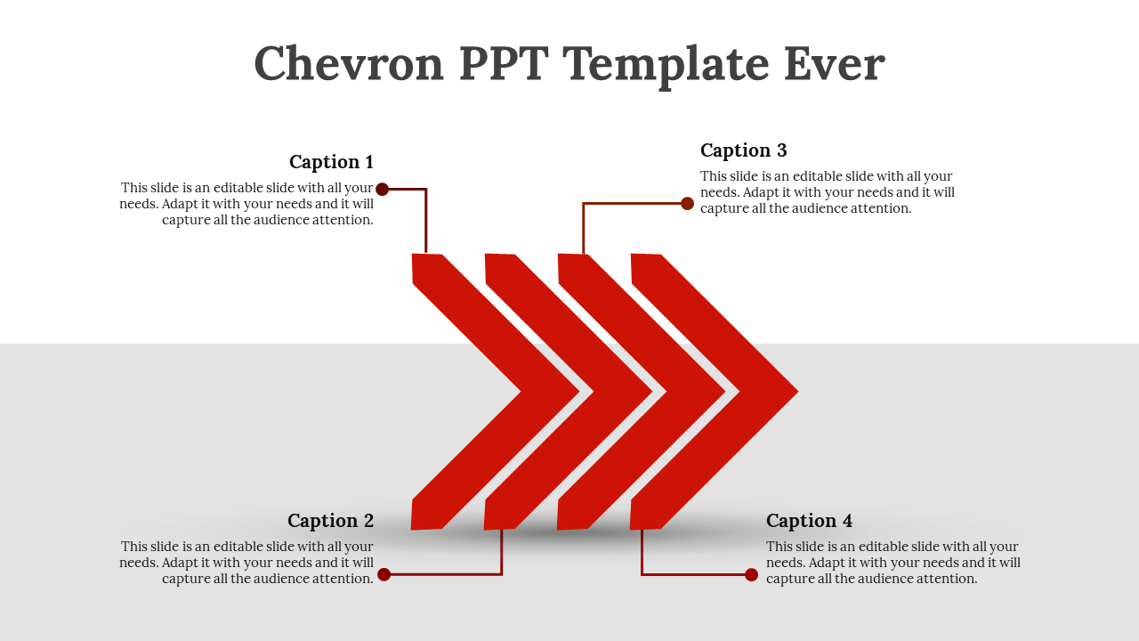 Chevron PowerPoint template featuring four red chevron arrows, with placeholders for captions.