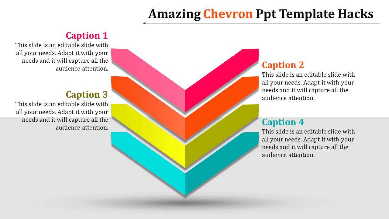 Four colorful chevron arrows stacked downward in pink, orange, yellow, and blue with captions on each side.