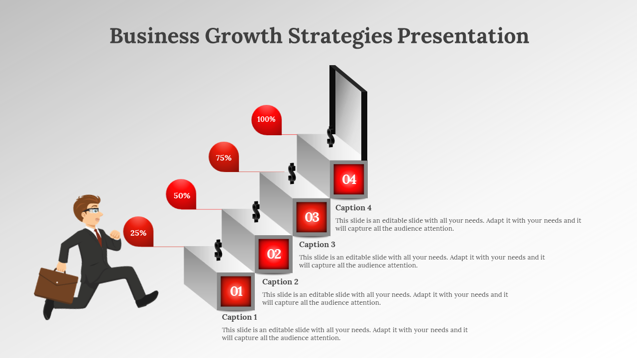 Business growth strategy infographic showing a businessman climbing a four-step staircase with red percentage markers.